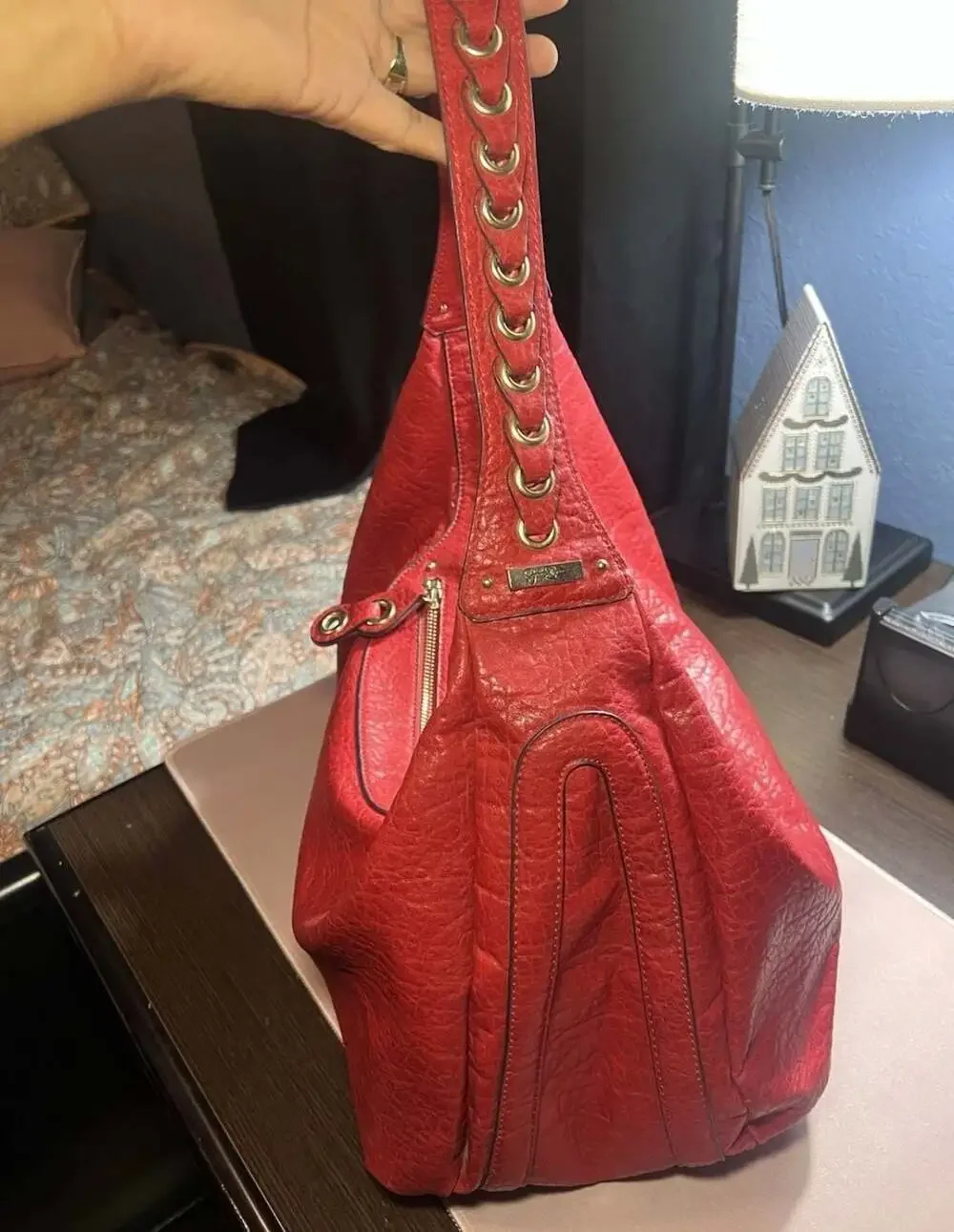 Jessica Simpson Red Textured Leather Hobo Shoulder Bag with Braided Strap